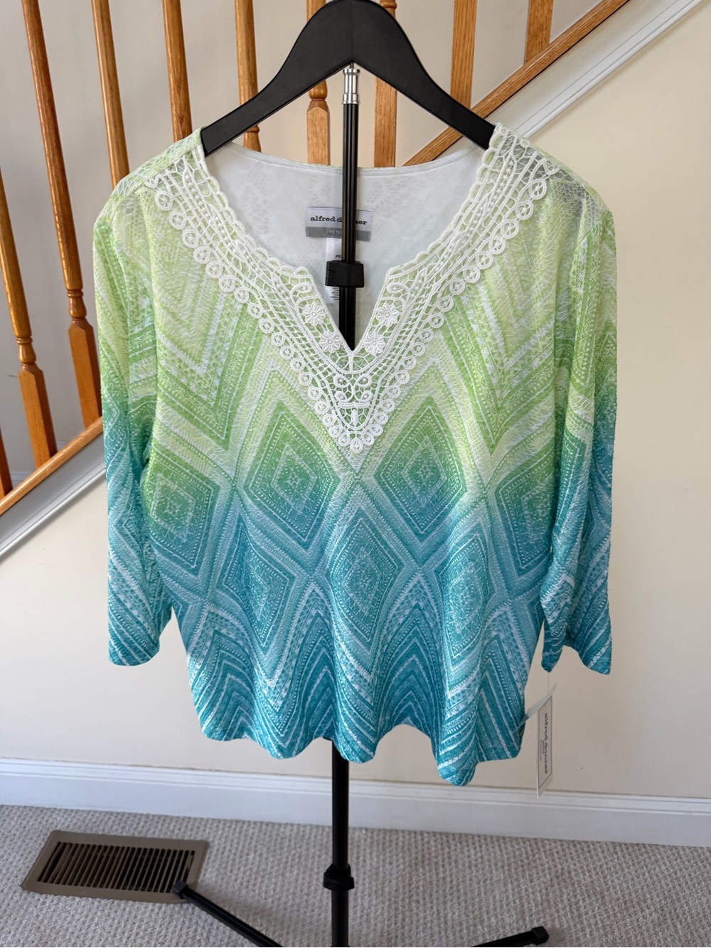 Alfred Dunner Green Blue Gradient Crochet V-Neck Blouse